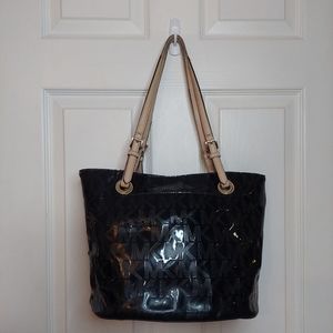 Michael Kors Signature Black Patent Leather Monogram Jet Set Shoulder Bag Tote